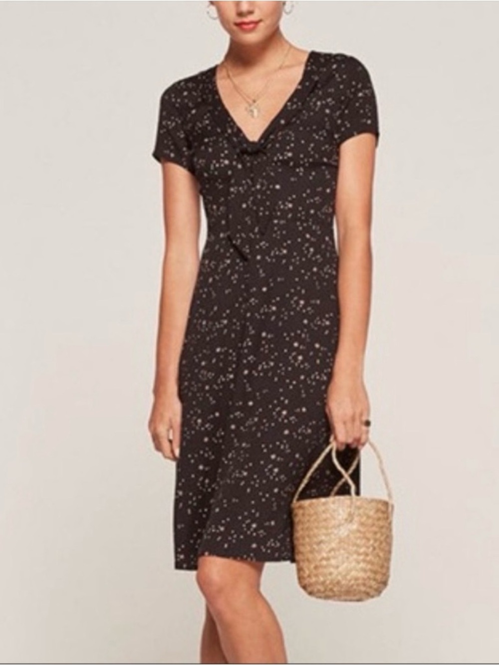 Reformation Este Black Midi Dress with Scattered Star Design - Size: 6